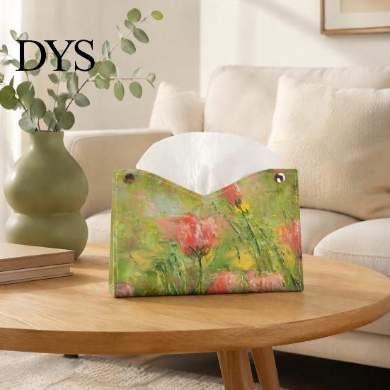 Foldable Napkin Storage Leather Tissue Box Cover with Oil Painting Pattern, Desktop Organizer, Holder Multi Purpose Case, Facial Paper Organizer