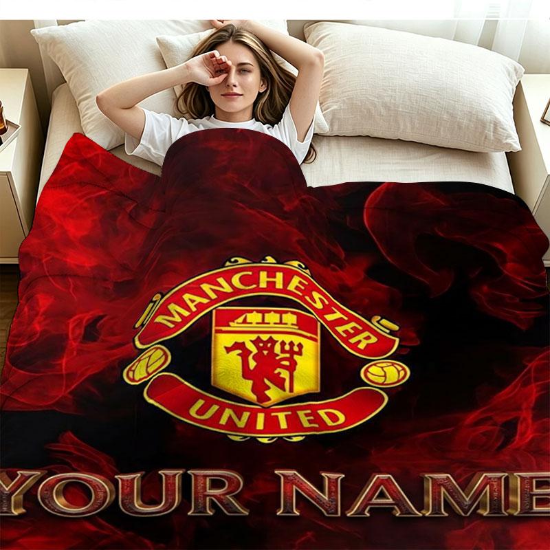 1PC Manchester United F Custom Name Patterned Flannel Blanket Suitable For All Seasons for Home Decor Warmth and Comfort Gifts Holiday Present