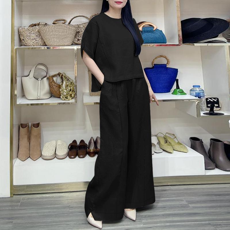 

ZANZEA Women Short Sleeve Blouse and Pants Summer Two Piece Suit Sets XL чорний