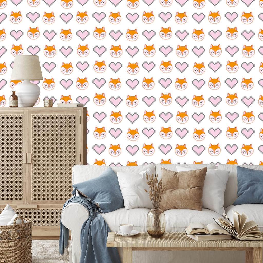 Joyful foxes with hearts wallpaper for living room and bedroom 50x1000
