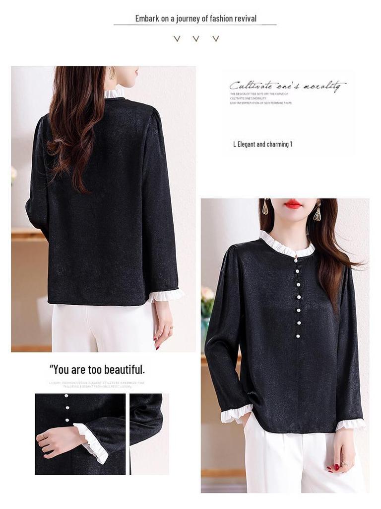 Beaded French Light Luxury Satin Shirt with Contrast Stitching - Spring 2025 Xiaoxiang Style Women's Top