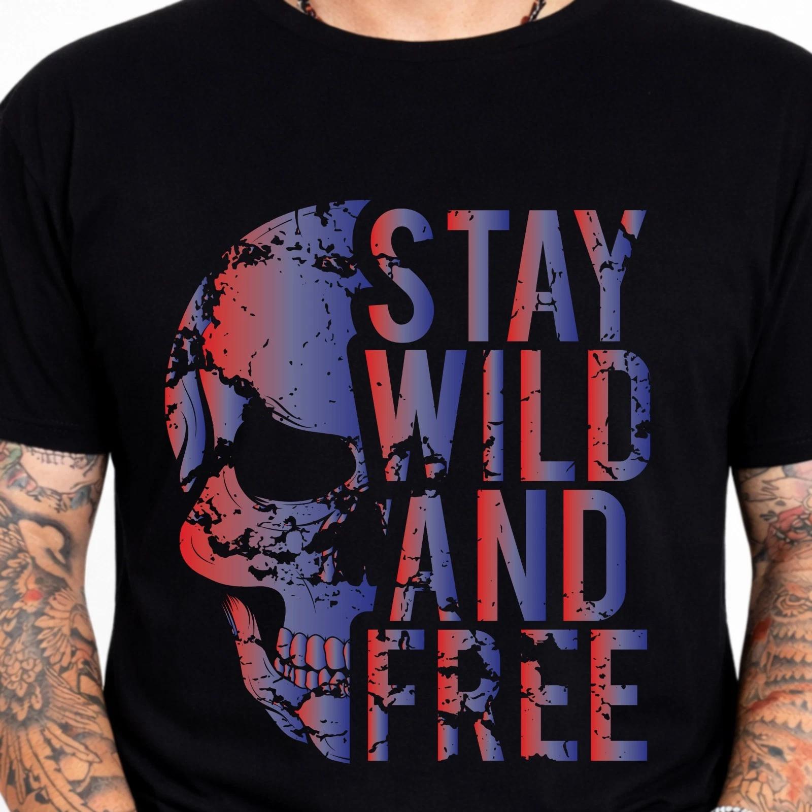 Stay Wild And Free Skull Tee Gothic Grunge Biker Skeleton Punk Graphic T-Shirt. L