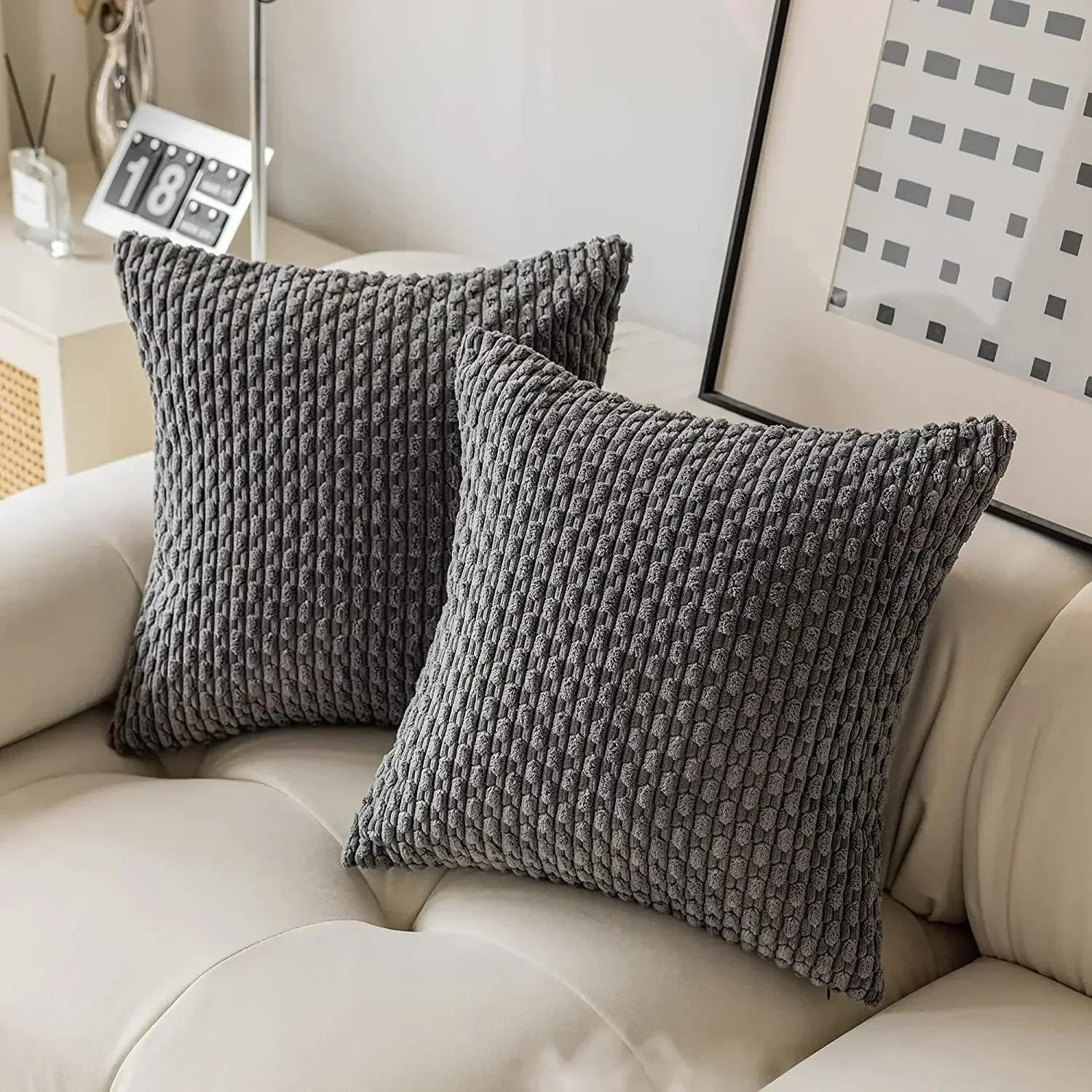 

30/40/45/50/55cm Solid Color Big Corn Striped Corduroy Decorative Pillowcase Cushion Cover Soft Throw Pillow Case Couch Sofa Bed 30x50cm-1PC темно серый