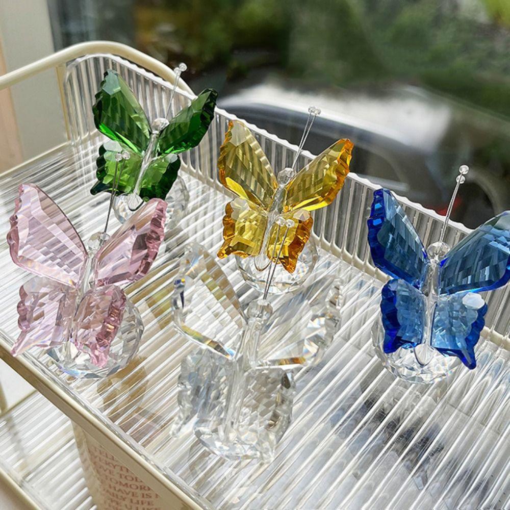 Unique 3D Sparkling Butterfly Sculpture Crystal Handicrafts Multicolored Prismatic Butterfly Ornament Transparent Simple