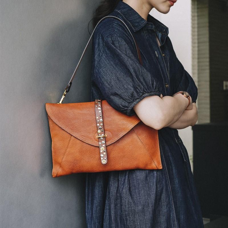 Johnature Handmade Retro Genuine Leather Rivet Clutch Bag High-quality Flip Cover Envelope Bag Shoulder Crossbody Bag
