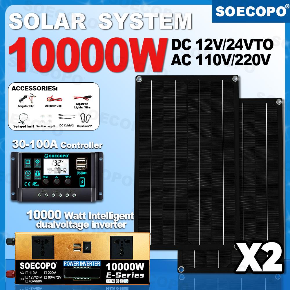 SOECOPO 10000W Portable Home Full Solar Kit 2×600W Solar Panels Inverter (2 Sockets) 100A Controller – Camping Equipment, Car