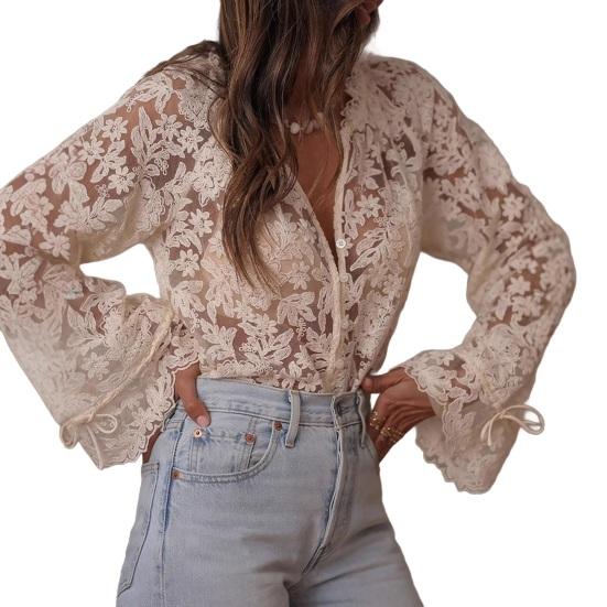 חולצת תחרה לנשים שרוולי פנסים חפתים מתרחבים חולצות עליונות כפתור יחיד פרחי תחרה חלולים עליונים לבגדי עבודה, דייטים, חופשה