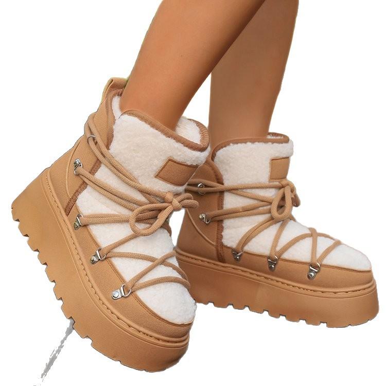 European and American winter new thick-soled velvet lace-up snow boots for women, large size warm towel, short boots, cotton shoes for women