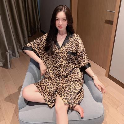 Women's Summer Leopard Print Pajamas - Short Sleeve Boyfriend Style Nightgown for Home or Out