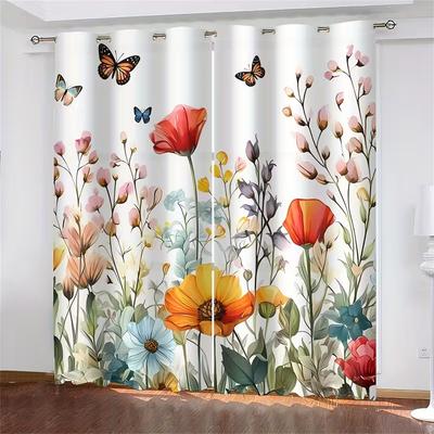 2 Stück Vorhänge mit Blumen-Schmetterlings-Print, geeignet für Schlafzimmer-, Wohnzimmer-, Küchendekoration, Heimdekoration, Fensterdekoration