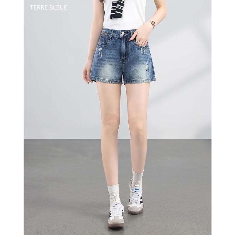TERRE BLEUE Women's Retro High-Waist Wide-Leg Denim Shorts