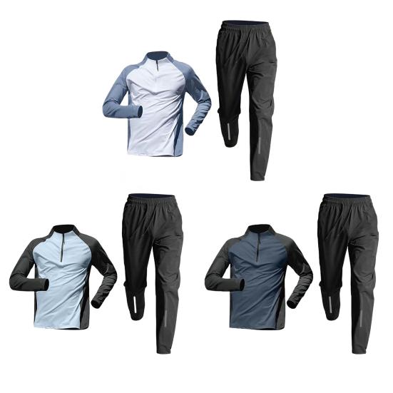 Set Tuta da Ginnastica da Uomo 2 Pezzi/Set Colletto Alto Manica Lunga Pantaloni Lunghi con Vita Elastica Set Patchwork Colore Asciugatura Rapida