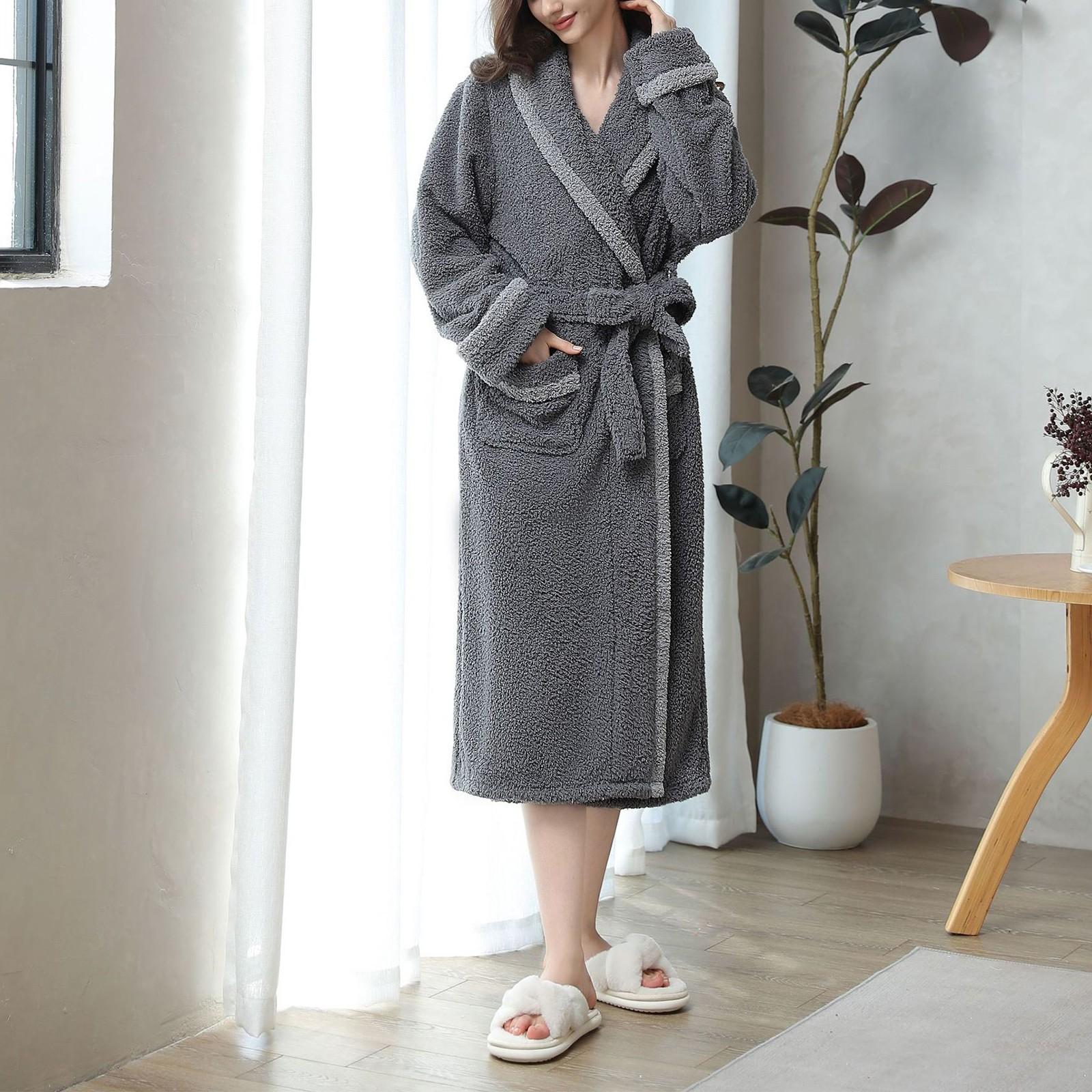 

Женская ночная рубашка, зимний утепленный халат, роскошный женский длинный халат, фланелевый теплый халат для сна, женский халат, халаты с карманом XL серый