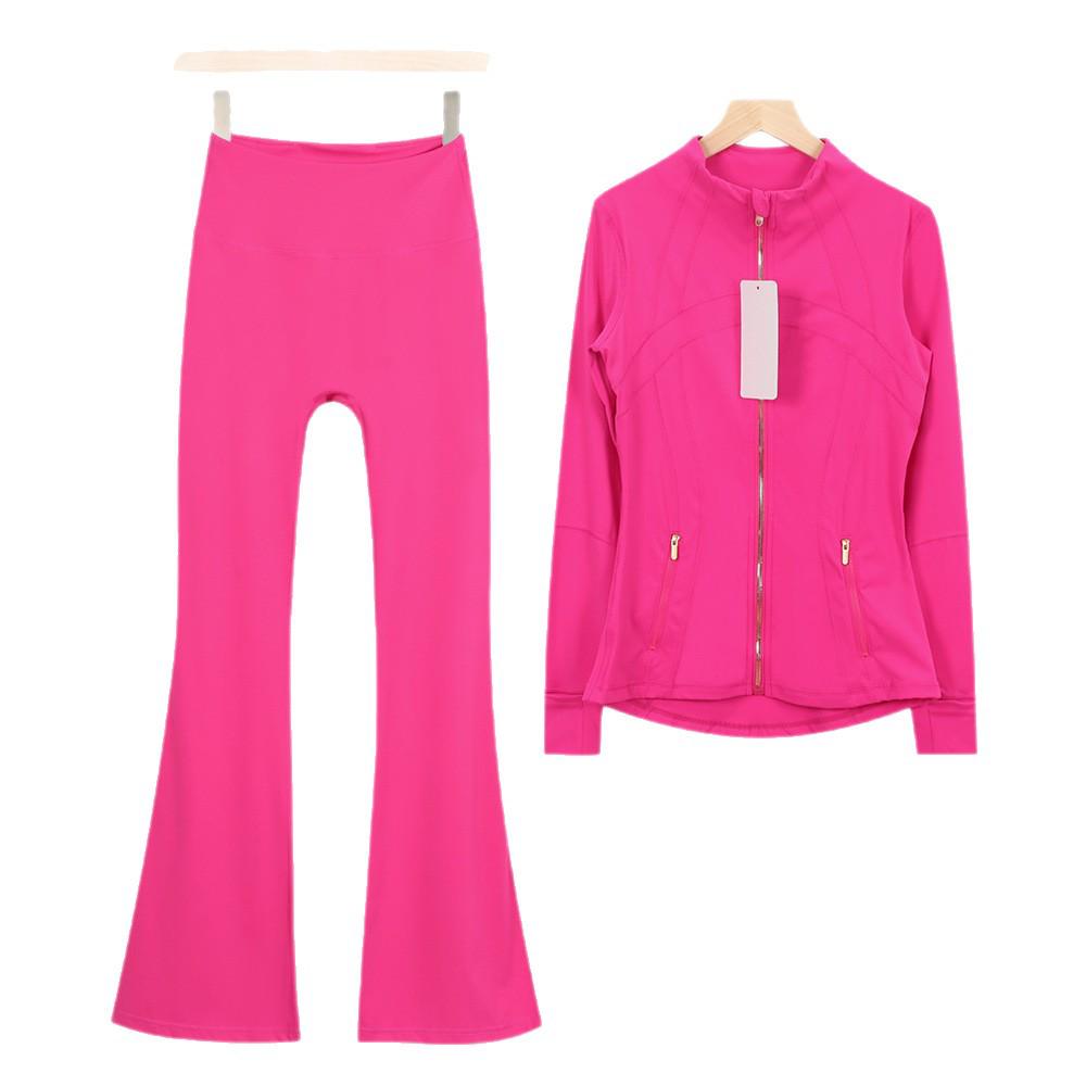 In Stock: Women's Gold Jacket & Flare Pants - High Stretch, Slimming Sports Yoga Set