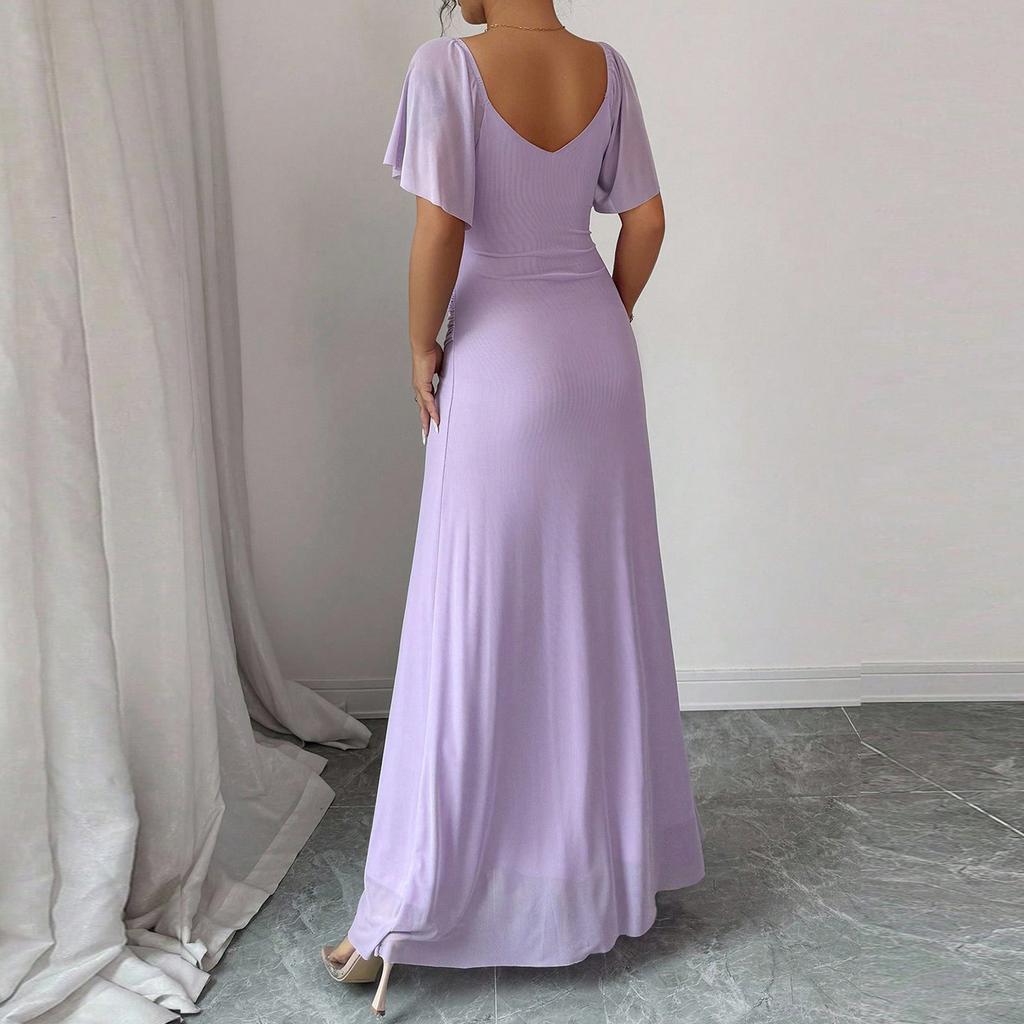 Damesmode V-hals Vliegende Mouw Split Avondjurk Jurk