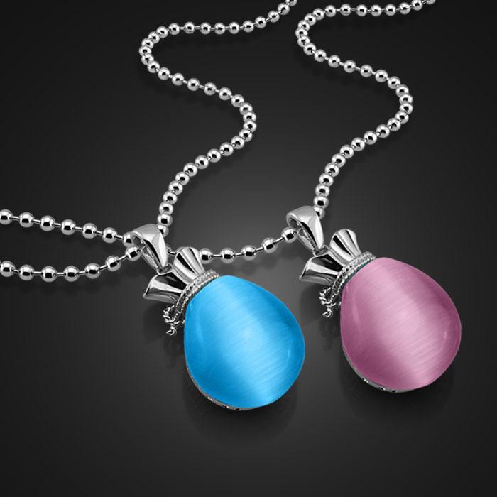 Damen Halskette Platinplattiert Blau Rosa Kristall Wassertropfen Geldsack Anhänger Lange Kette Schmuck