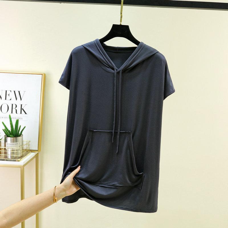 Taglie comode dalla L alla 6XL T-shirt con cappuccio in modal da donna estiva con tasca Magliette casual a maniche corte Fashion Tee Top camicia basic da abbinare a tutto