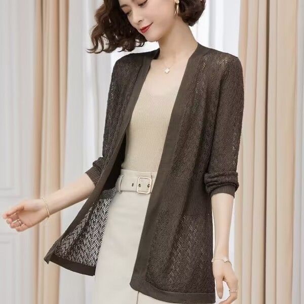Summer Women's Knitted Jacket Solid Color Cutout Open Front Knitted Cardigan Thin Sunscreen Shawl