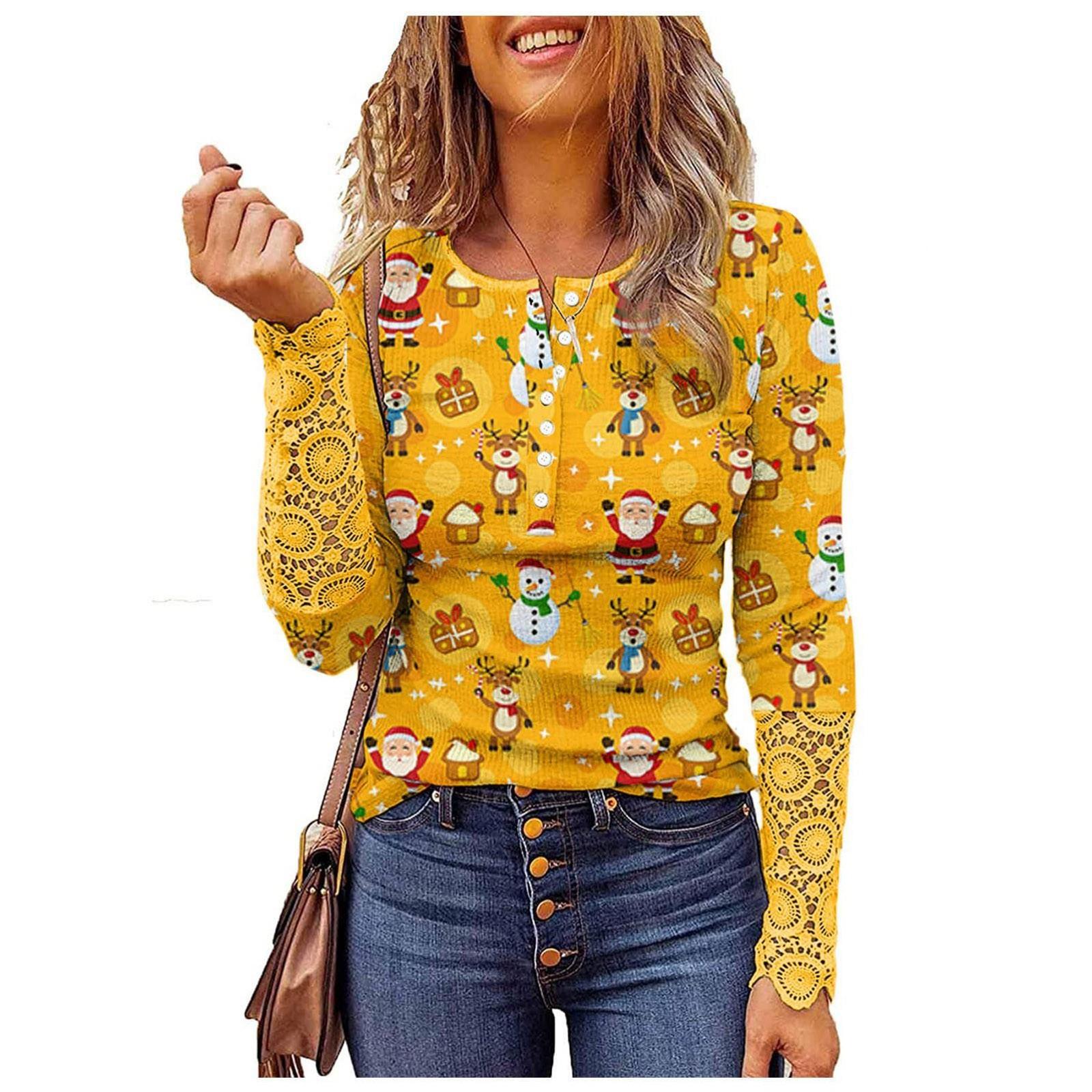 

Женская повседневная удобная свободная футболка с коротким рукавом с круглым вырезом и принтом, рождественский топ L жёлтый