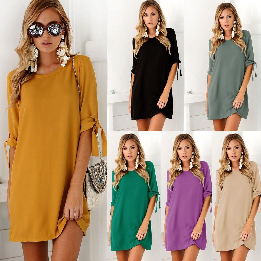 Stijlvolle Damesmode Jurk met Korte Mouwen en Ronde Hals in Effen Kleur voor Zomerse Gelegenheden