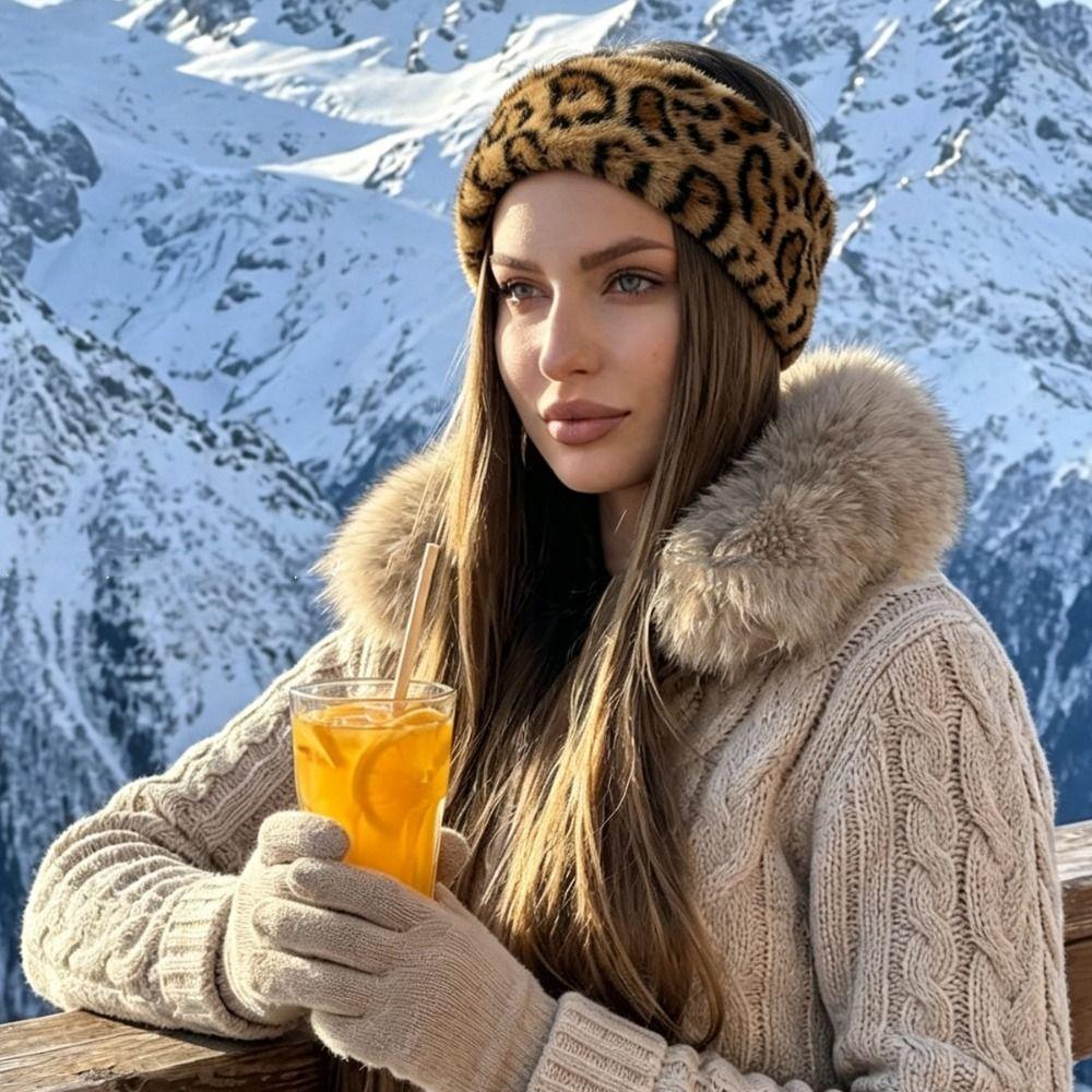 Windproof Leopard Print Hairband Ear Warm Winter Elastic Headband Fluffy Plush Headband  Sports