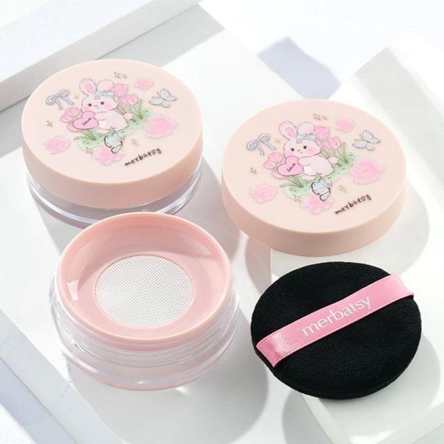 Jericoure - Set: Rabbit Print Powder Case + Powder Puff Set of 2 - Case & Powder Puff - Pink & Black