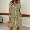 Women’s Vintage Floral Print Short Sleeve Button Neckline Casual Dress with Crew Neck and Relaxed Fit for Everyday Wear