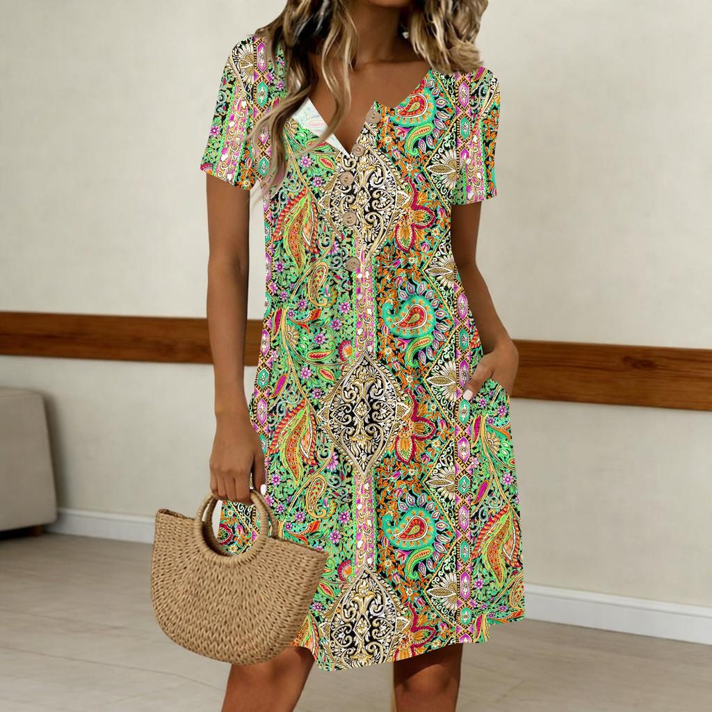 Women’s Vintage Floral Print Short Sleeve Button Neckline Casual Dress with Crew Neck and Relaxed Fit for Everyday Wear