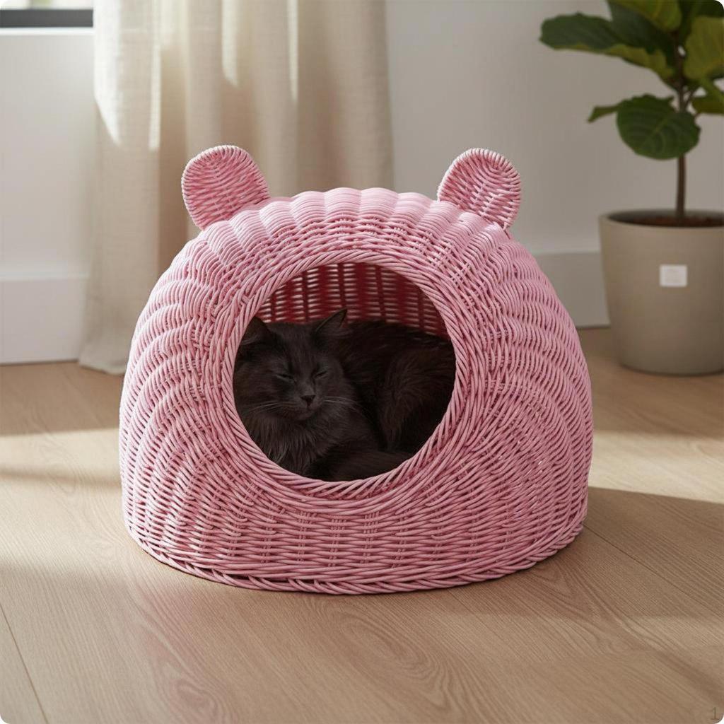 Woven Cat Bed Washable Rattan Nest Four Season Use Pet House for Cats, Indoor, Balcony, Patio S