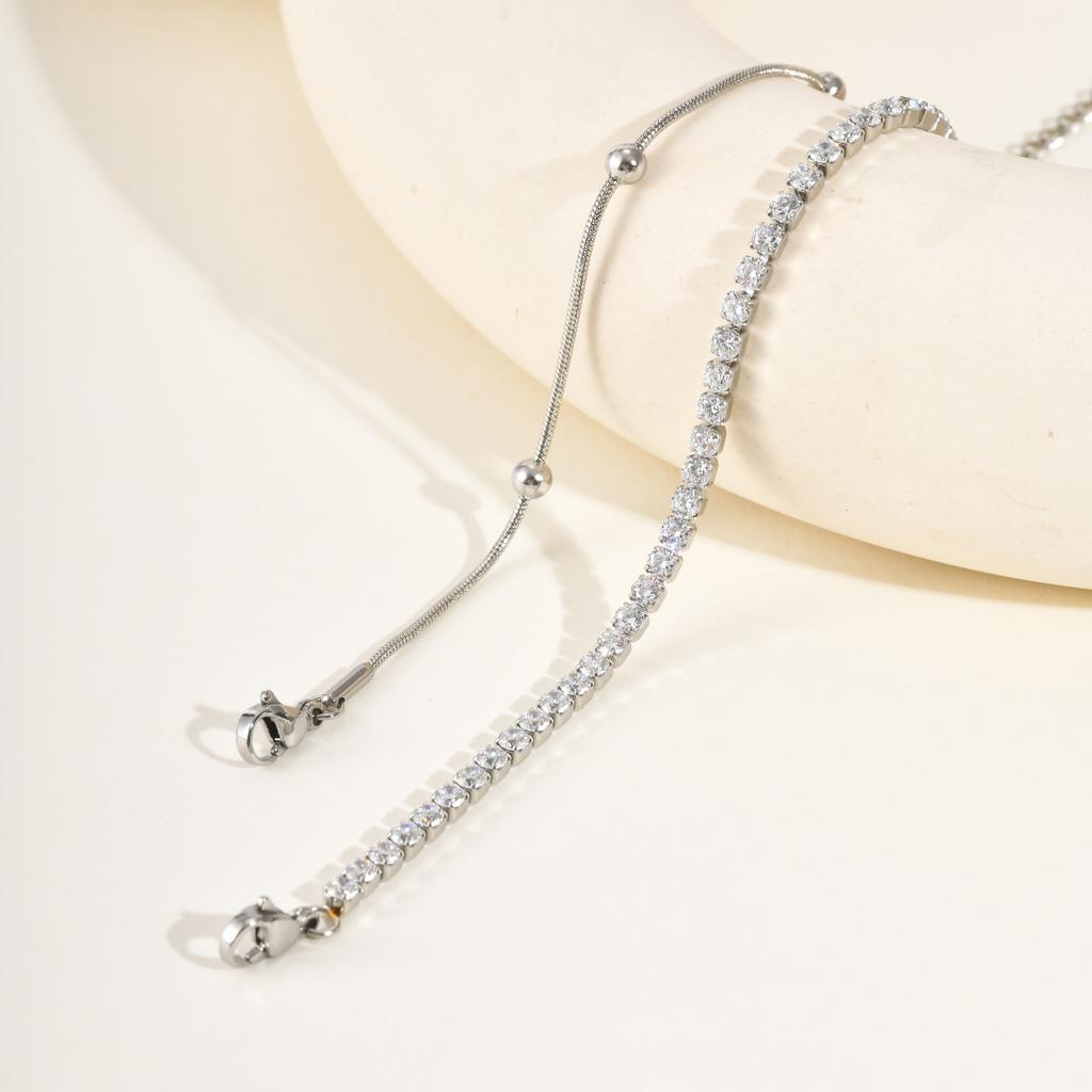 2pcs Stainless Steel Bracelets Set, Minimalist Elegant Bead Round Snake Chain Bracelet, Luxury Zircon Tennis Chain Wristband