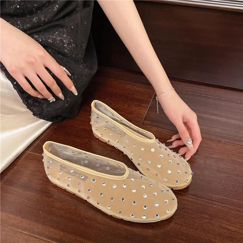 Fashion Luxury Crystal Rivet Design Mesh Sandals Women Light Breathable Flats Fashion Comfort Mules Shoes Elegant Loafers Ballet Shoes