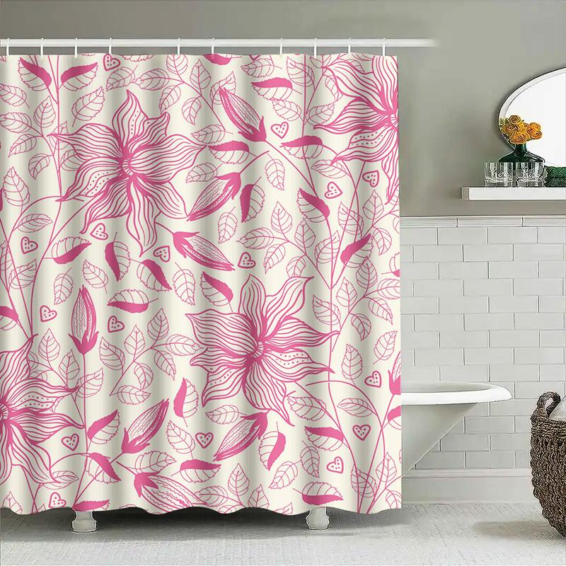 Pink Floral Shower Curtain: White Flower Bath Rug Decor for Bathroom Waterproof 3D Printing Home Decoration (Size Custom)