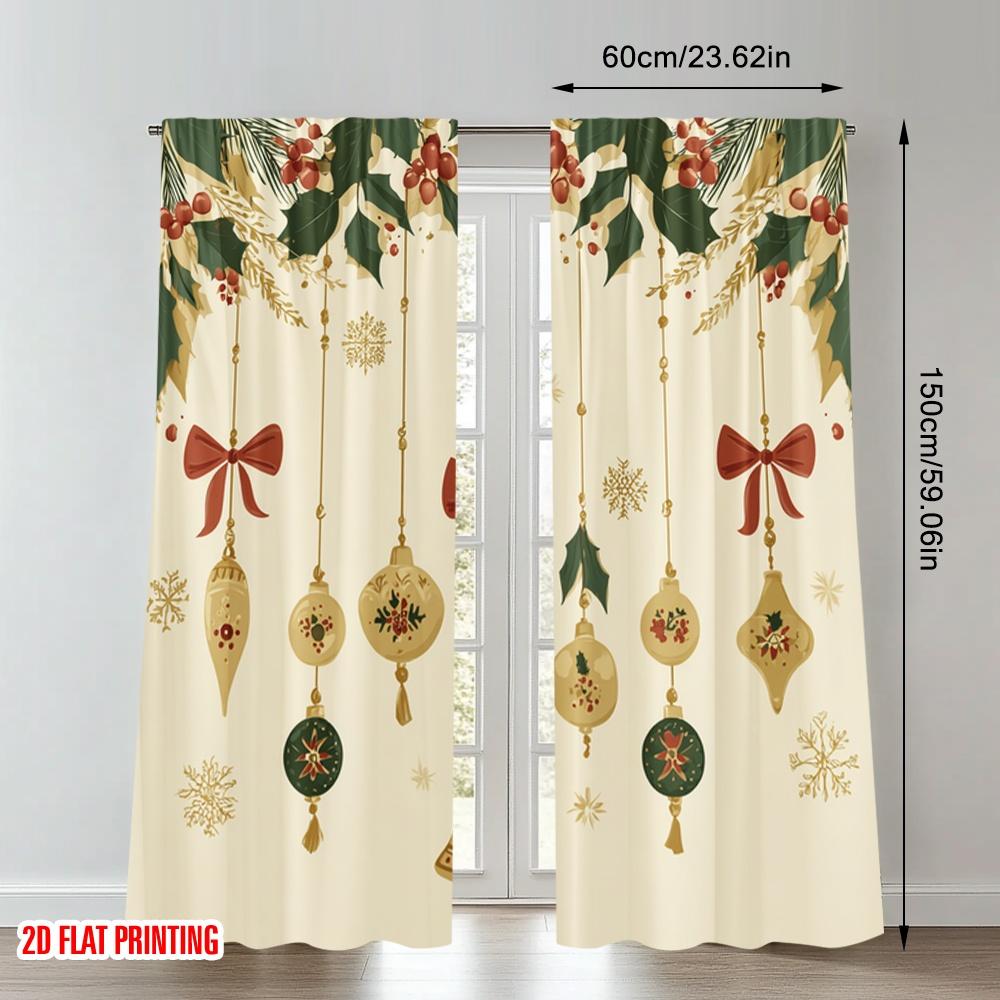 2pcs 2D flat printing Christmas Hot Party Curtains Christmas Holly Bells Ornaments Digital Printed Polyester Drapes Holiday