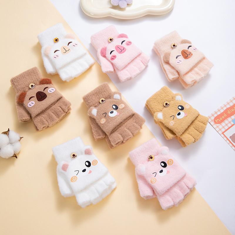 1 Pair Kids Flip Mittens with Finger Caps Winter Warm Gloves with Cartoon Print Breathable Five-Finger Design for Boys Girls