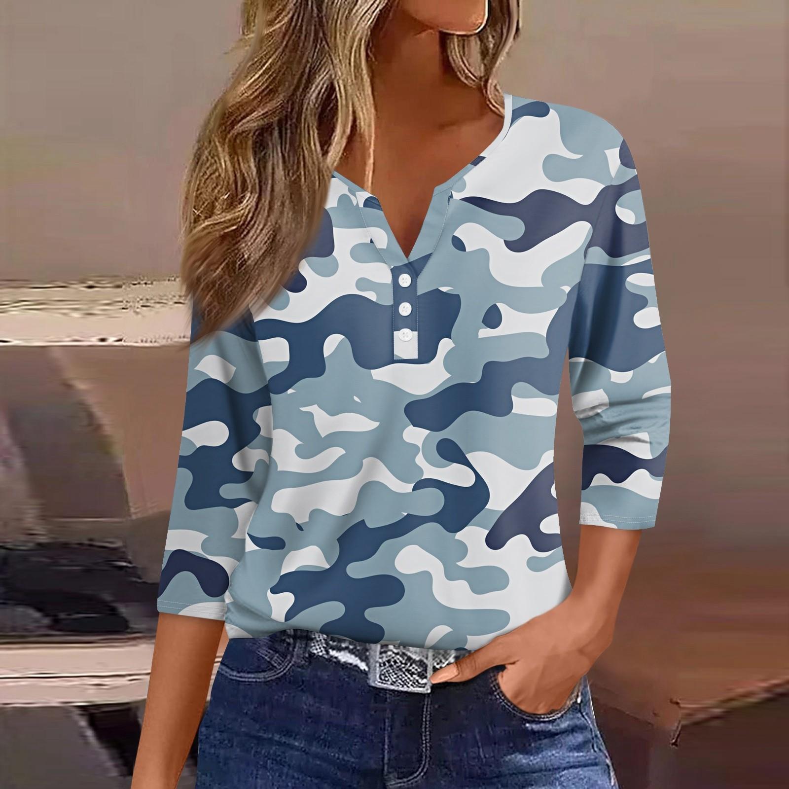 

Жен. Футболка Футболка С принтом Пуговицы Рукав 3/4 Повседневные Выходные Мода Классический Классический V-образный вырез Обычный Верх S синий