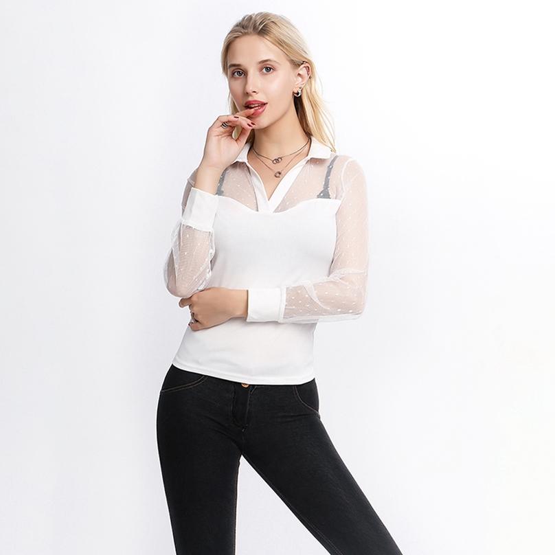 European Style Women Perspectiv Lace Patchwork Turn-Down Collar Elegant Long Sleeve Shirts