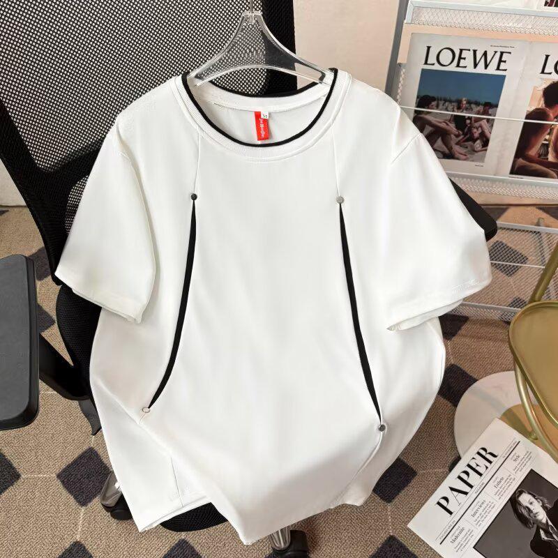 

Мужская летняя футболка 2025 года в корейском стиле, с цветными блоками и заклепками, с круглым вырезом XXXL белый