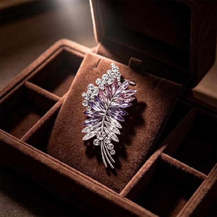 Marquise Stone Brooch Pin with Leaf Shape, Silver-Tone Branch Setting and 8 Cm Size for Lapel, Coat or Dress Accent