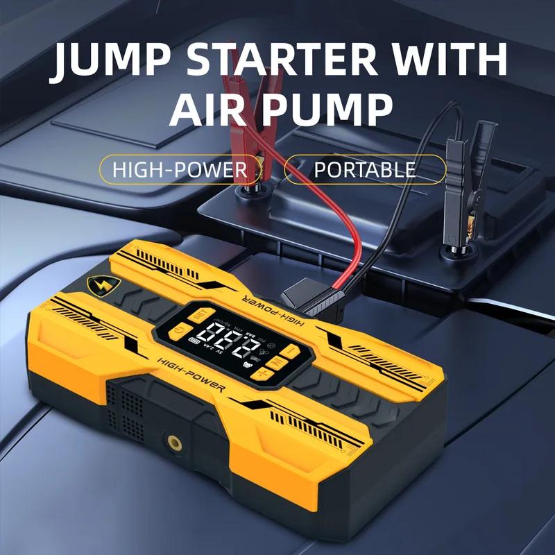 4-in-1 Car Jump Starter Power Bank with Air Compressor, 12V Portable Battery Booster for Auto Motorcycle LED Light & USB
