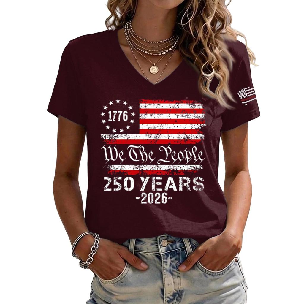 Womens Casual V Neck Short Sleeve Pullover T Shirt with 1776 2026 Flag Print Comfortable Fit Soft Fabric Top