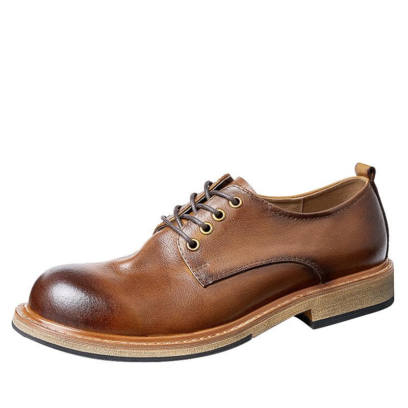 Business Derby Men'S Leather Shoes British Round Head High-End Soft Leather Soft Sole Casual Leather Men'S Shoes