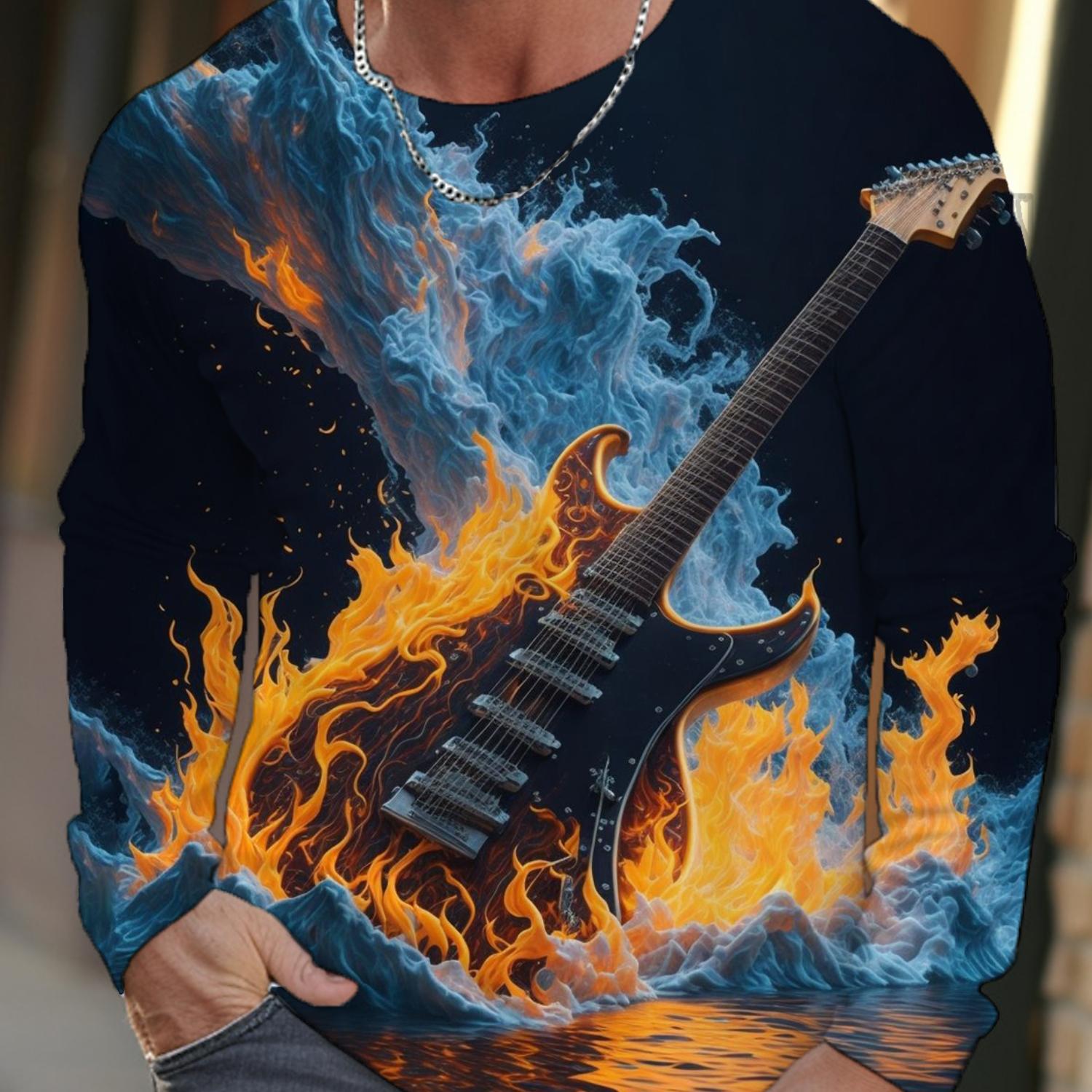 

2024 Новая мужская футболка с длинными рукавами, 3D-принт с изображением гитары в высоком разрешении, мужские осенние топы, повседневные, с круглым вырезом, для улицы S