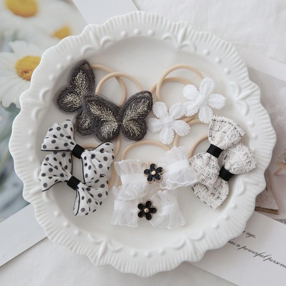 

10pcs Snag Free Floral Fairy Hair Ties Butterfly No Damage Flower Hair Bands Ponytail Holder Hair Accessories Bows Hair Rope чёрный