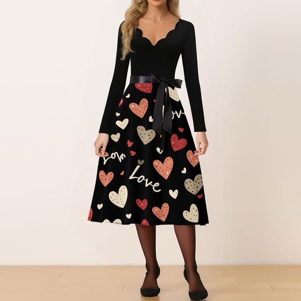 Damen Freizeitmode V-Ausschnitt Valentinstag Print Retro Kleid