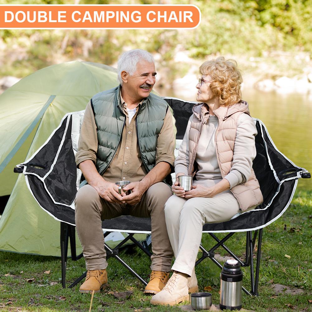 Double Camping Chair 2 Person Camping Chair with Cup Holder and Carry Bag Padded Lawn Chairs Support 600lbs for Adults