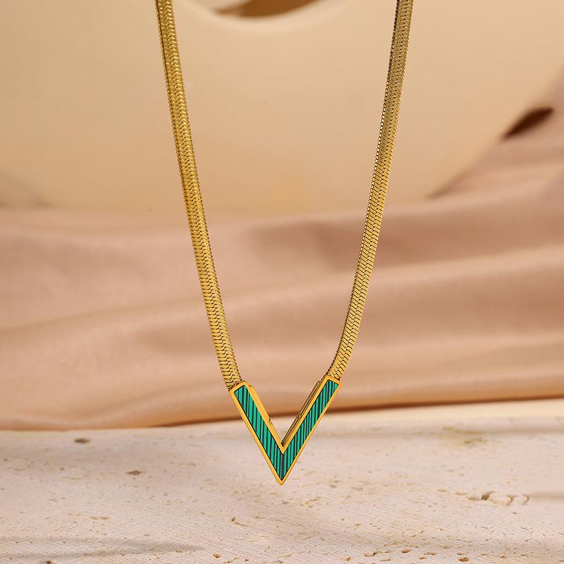 Elegant Titanium Steel V-Shaped Necklace with Letter and White Shell Pendant for Women