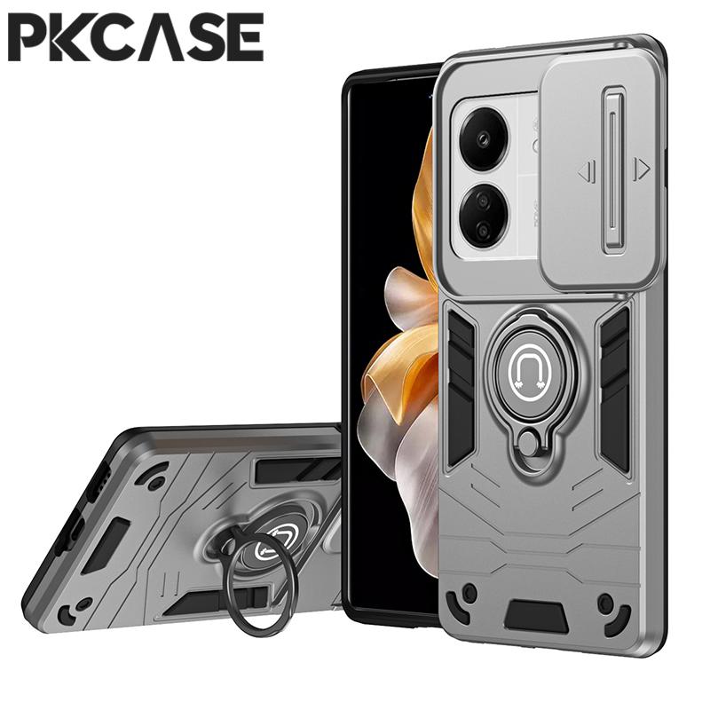 

PKCASE Car Magnetic Metal Ring Stand Case For Xiaomi Poco X7 X6 M6 Pro 4G Shockproof Slide Push Window Cover For Xiaomi POCO C65 Poco M6 Pro 4G серый
