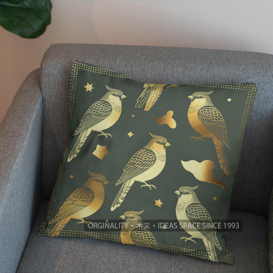 2D Golden Flying Birds Patterned Cushion Cover Pattern Cushion Cover Suitable For Sofa Bedroom Car Pillow Cover