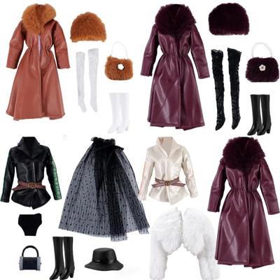 30cm Doll Clothes Fashion Luxury Fur Collar Waist Leather Trench Coat Jacket Pants Skirt Set For 1/6 Supermodel Doll Accessories