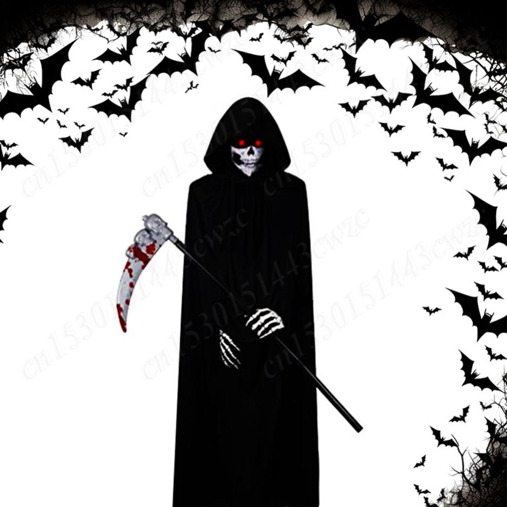 Halloween Grim Reaper Costume with Glowing Red Eyes/Gloves/Mask & Scythe Props Home Party Cosplay Costume Suitable For All Ages